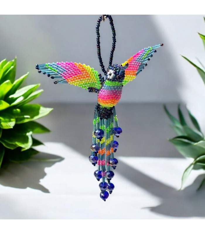 Porte-cléfs colibri en perles de rocailles. Fabriqué artisanalement à la main.