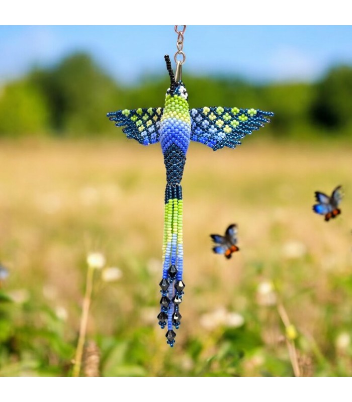 Porte-cléfs colibri en perles de rocailles. Fabriqué artisanalement à la main.