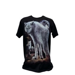 T-shirt mixte noir 100% coton avec motifs loups .