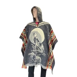 Poncho native motif loup fabriqué artisanalement en Équateur.