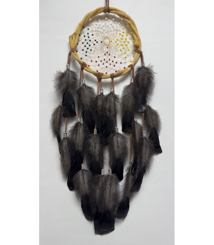 Attrape-rêves 4 éléments, cerceau en liane , perles de rocailles, perles en céramique et plumes naturelles. Pièce unique