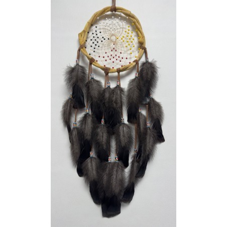 Attrape-rêves 4 éléments, cerceau en liane , perles de rocailles, perles en céramique et plumes naturelles. Pièce unique