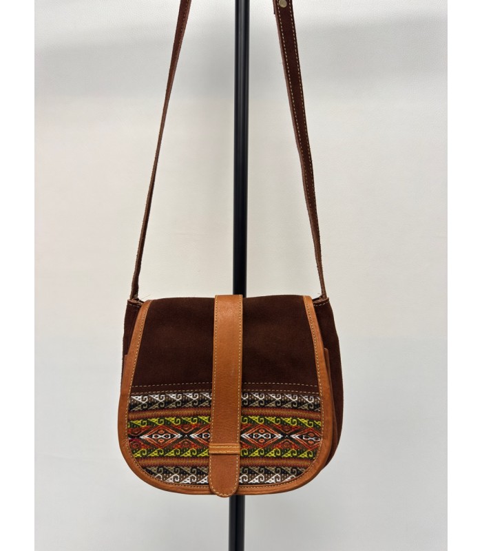 Sac en cuir de vachette et tissu ethnique fabriqué en Équateur
