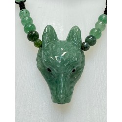 Collier et pendentif tête de loup en pierre ( aventurine )