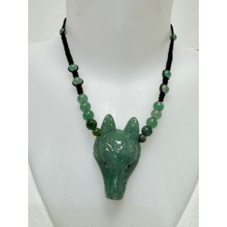 Collier & pendentif tête de loup en aventurine et perles en aventurine