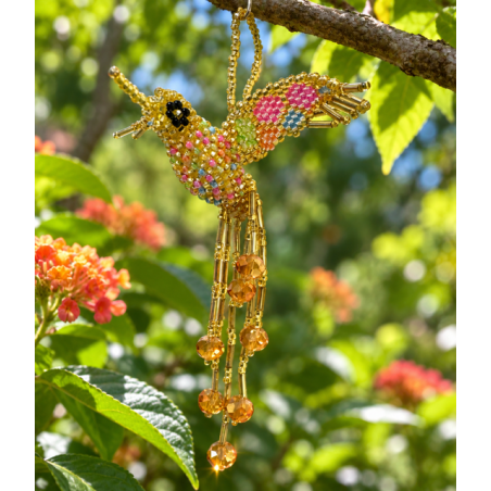 Porte-clés colibri en perles de rocailles fabriqué entièrement à la main en Colombie