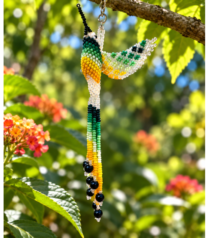 Porte-clés colibri en perles de rocailles fabriqué entièrement à la main